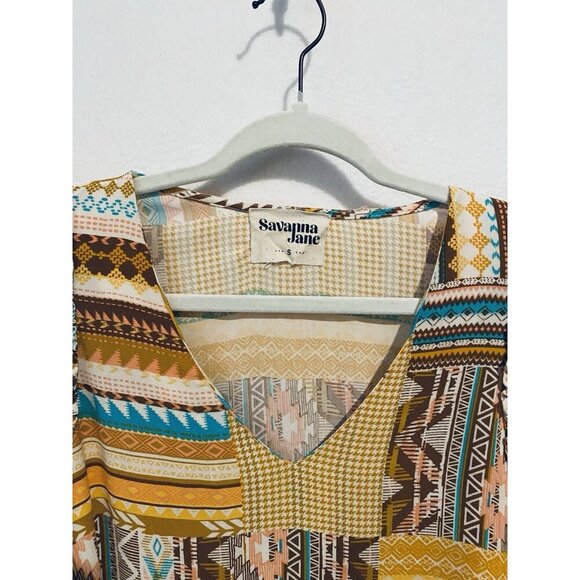 Savanna Jane Top Womens Small Patchwork V Neck Ruffle Western Boho Peasant - Picture 2 of 7